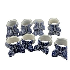 Vintage Handcrafted Butterfly Napkin Rings Set of 8 Blue White Ceramic Decor